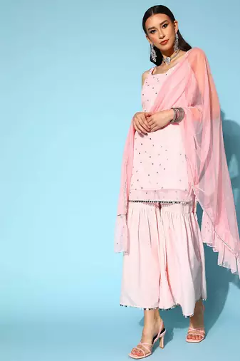 Pink printed poly crepe kurta sets