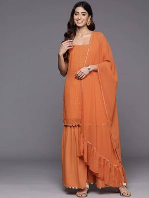 Orange printed poly georgette kurta sets 1