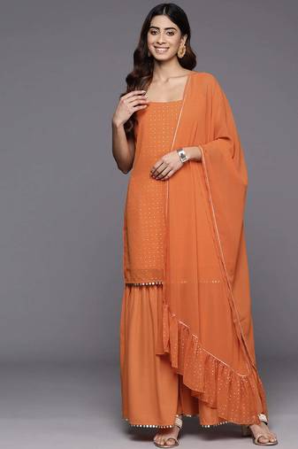 Orange printed poly georgette kurta sets
