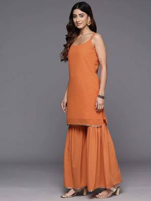 Orange printed poly georgette kurta sets 5