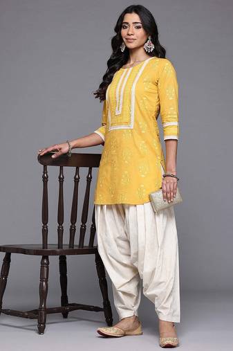 Mustard printed pure cotton kurta sets