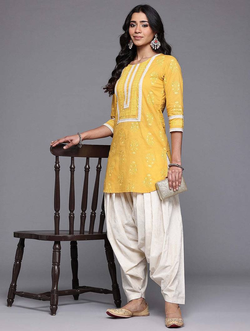 Mustard printed pure cotton kurta sets