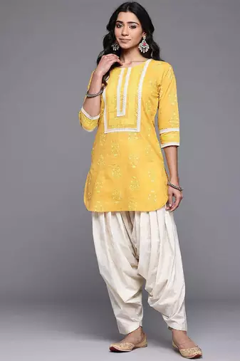 Mustard printed pure cotton kurta sets