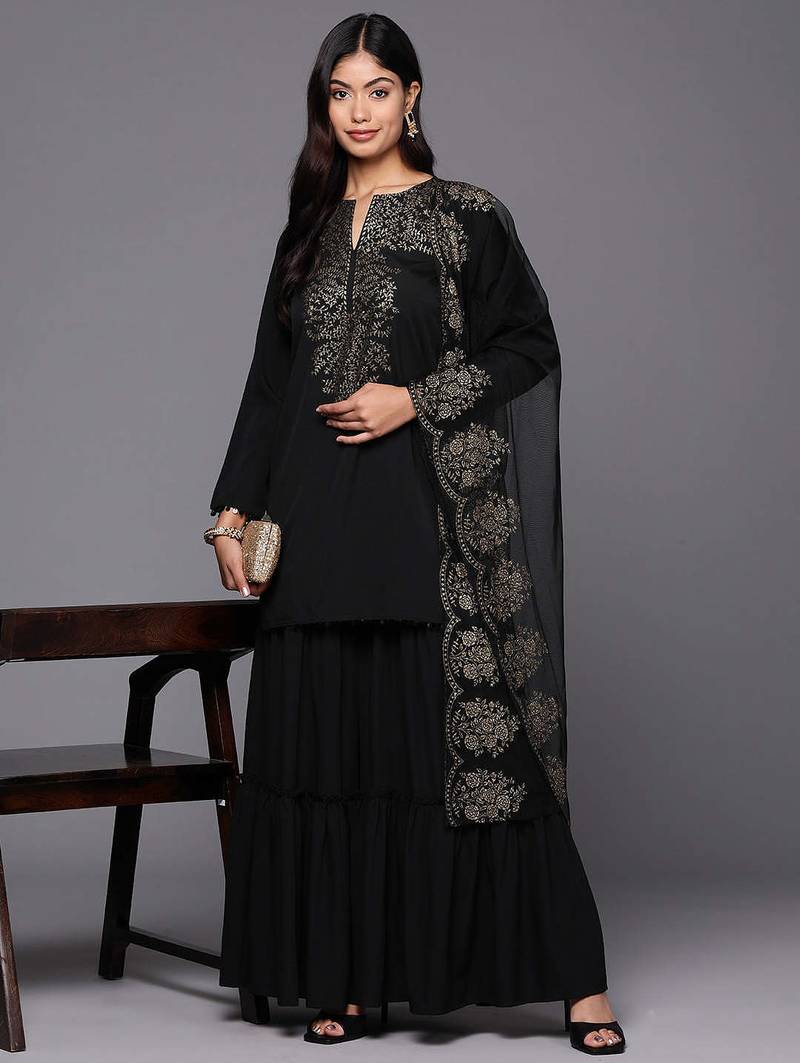 Black printed poly crepe kurta sets