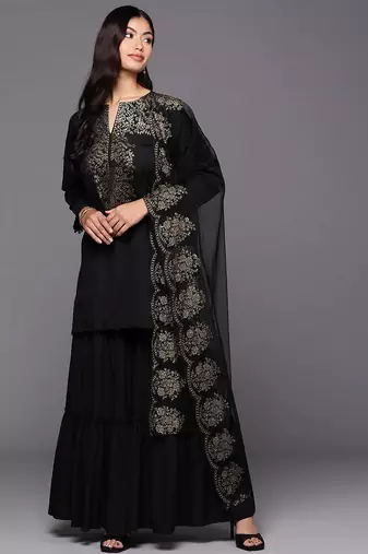 Black printed poly crepe kurta sets