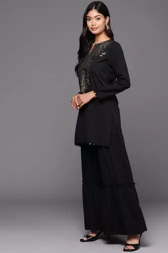 Black printed poly crepe kurta sets