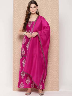 Pink printed art silk kurta sets 1