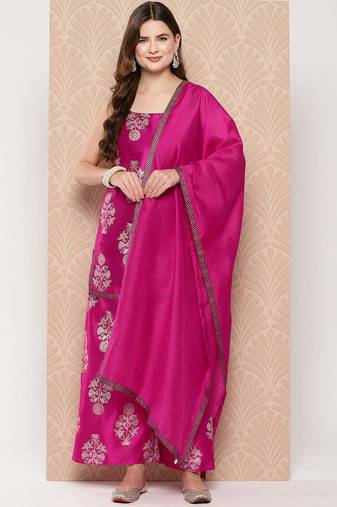 Pink printed art silk kurta sets