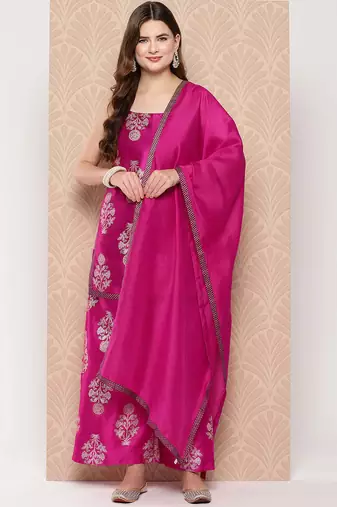Pink printed art silk kurta sets