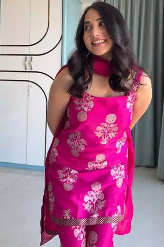 Pink printed art silk kurta sets