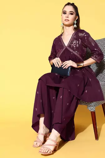 Burgundy printed poly crepe kurta sets