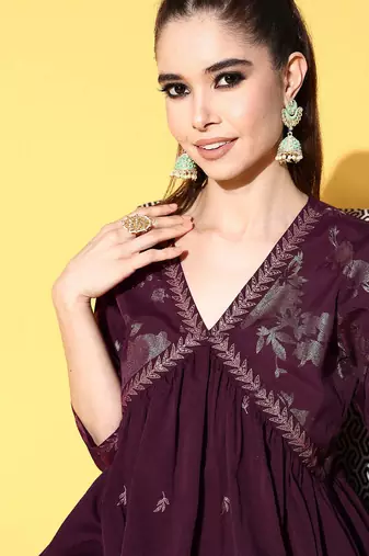 Burgundy printed poly crepe kurta sets