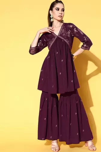 Burgundy printed poly crepe kurta sets