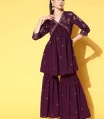 Burgundy printed poly crepe kurta sets