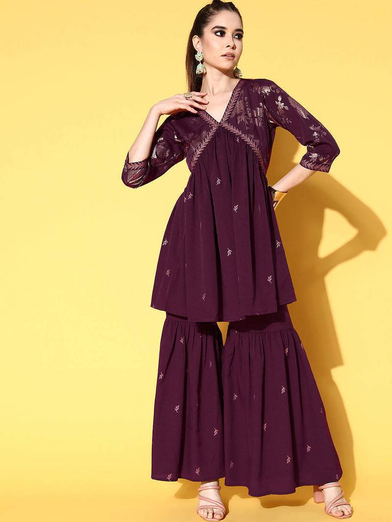 Burgundy printed poly crepe kurta sets