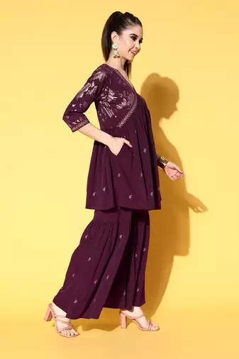Burgundy printed poly crepe kurta sets