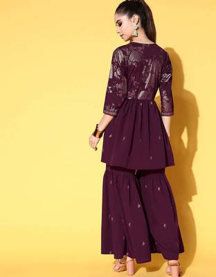 Burgundy printed poly crepe kurta sets 5