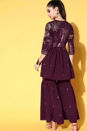 Burgundy printed poly crepe kurta sets
