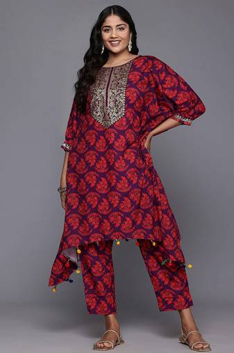 Purple printed poly crepe kurta sets