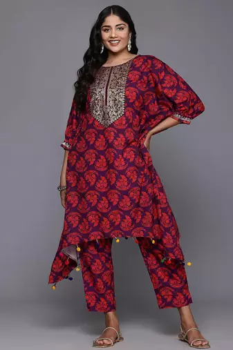 Purple printed poly crepe kurta sets