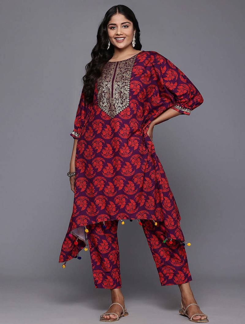 Purple printed poly crepe kurta sets