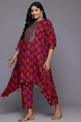 Purple printed poly crepe kurta sets