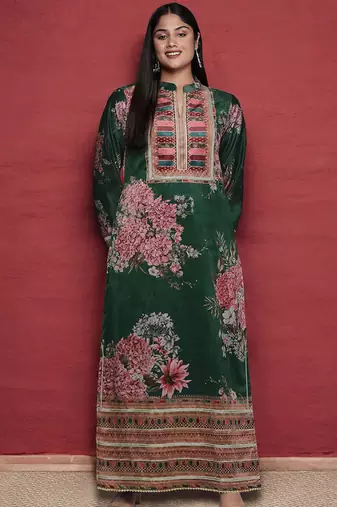 Green printed silk long kurtis