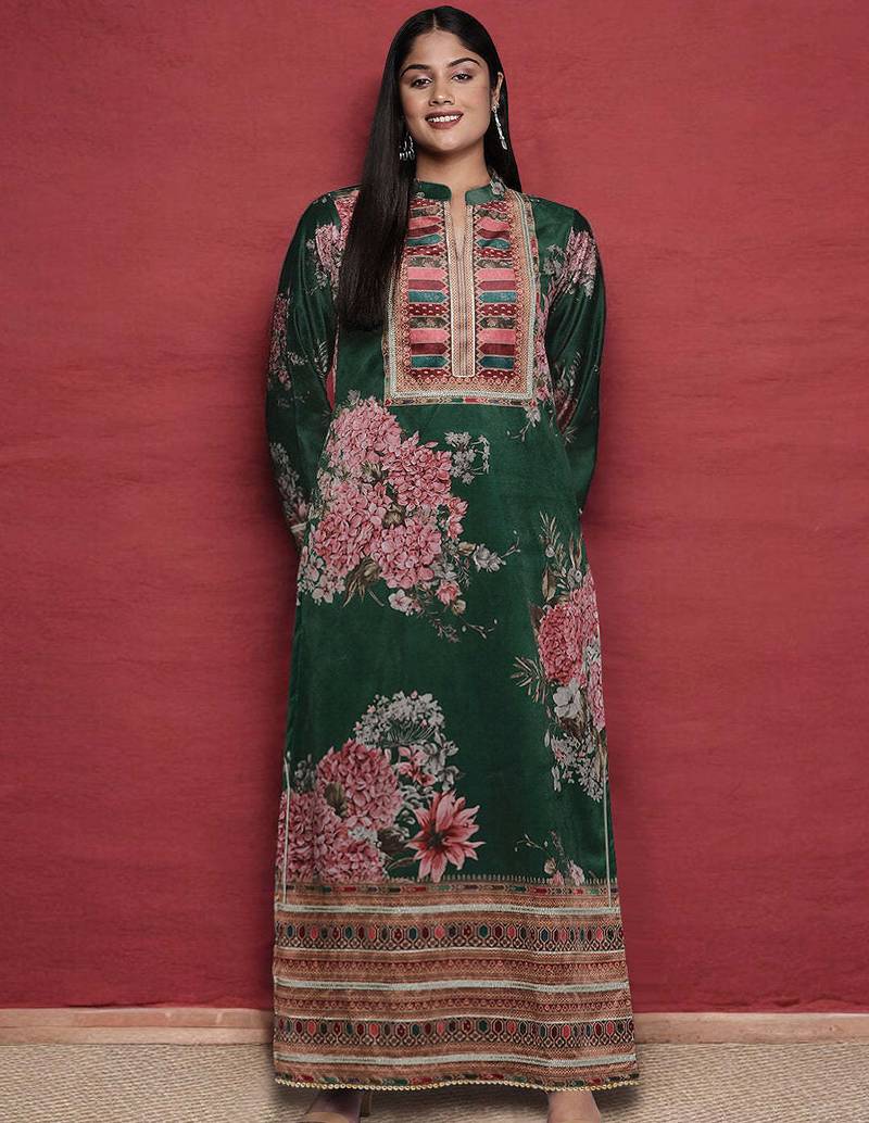 Green printed silk long kurtis