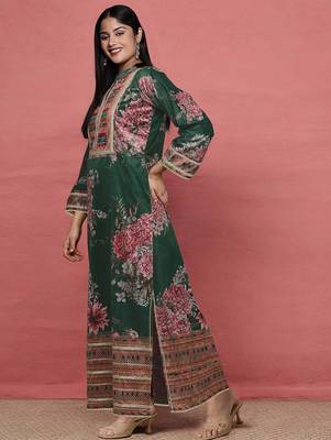 Green printed silk long kurtis 2