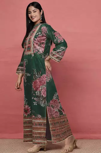 Green printed silk long kurtis