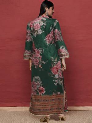 Green printed silk long kurtis 3