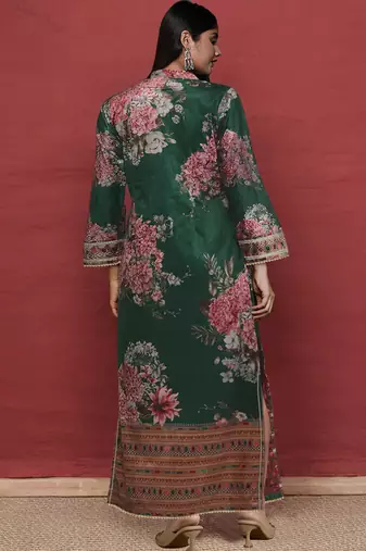 Green printed silk long kurtis