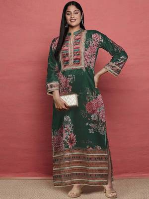 Green printed silk long kurtis 4