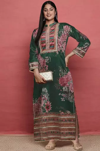 Green printed silk long kurtis