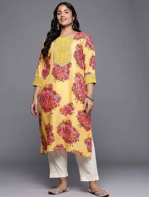 Yellow printed blended long kurtis 1