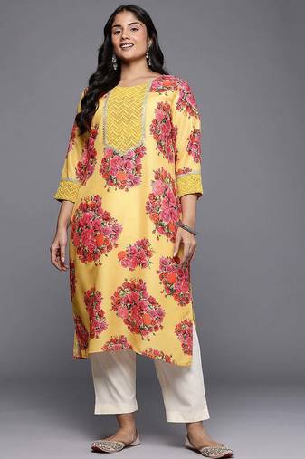 Yellow printed blended long kurtis