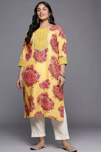 Yellow printed blended long kurtis
