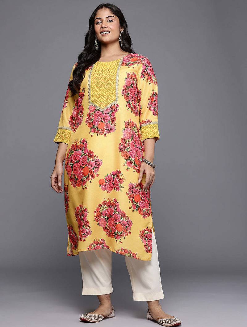 Yellow printed blended long kurtis