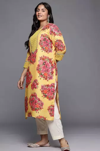 Yellow printed blended long kurtis