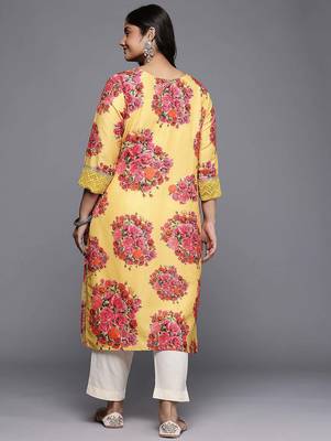 Yellow printed blended long kurtis 4