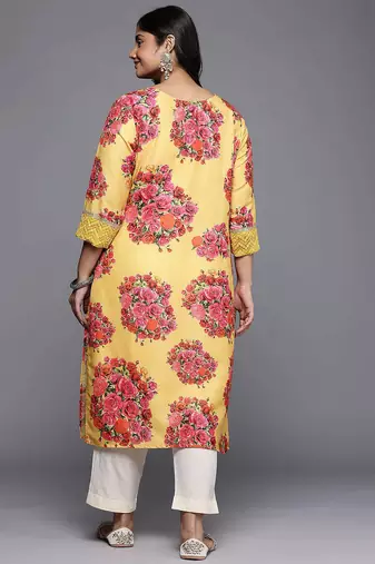 Yellow printed blended long kurtis