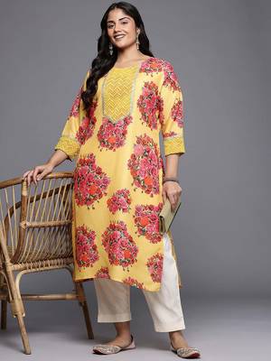 Yellow printed blended long kurtis 5
