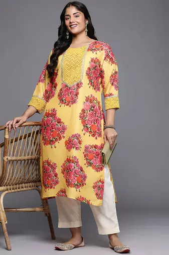 Yellow printed blended long kurtis