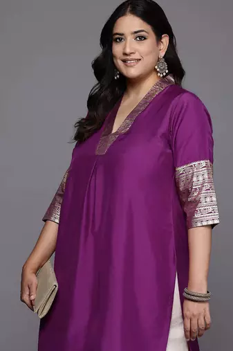 Purple embroidered art silk long kurtis