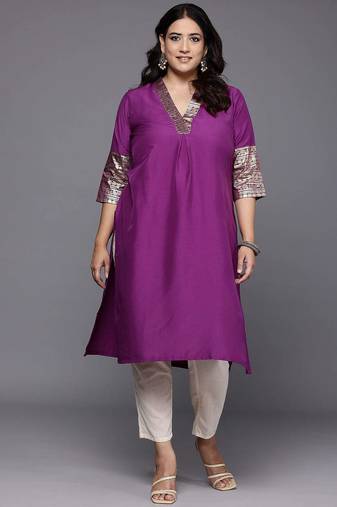 Purple embroidered art silk long kurtis