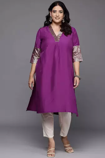 Purple embroidered art silk long kurtis