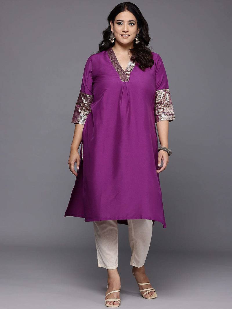 Purple embroidered art silk long kurtis
