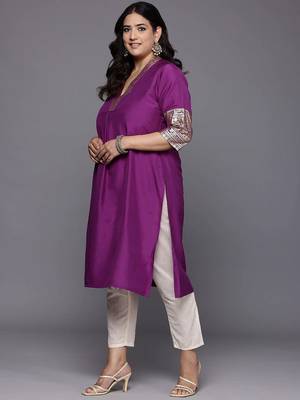 Purple embroidered art silk long kurtis 4