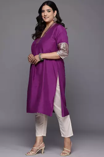 Purple embroidered art silk long kurtis