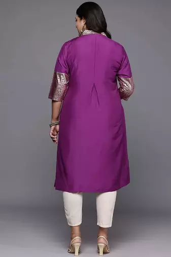 Purple embroidered art silk long kurtis